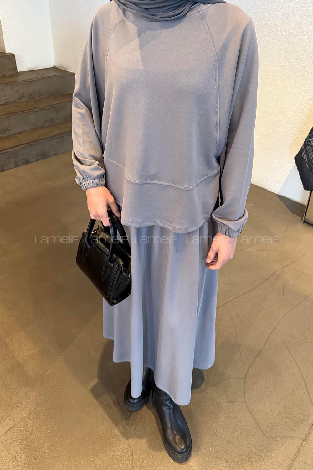 Lamelif Kol Manşet Lastikli Etekli Takım Gri