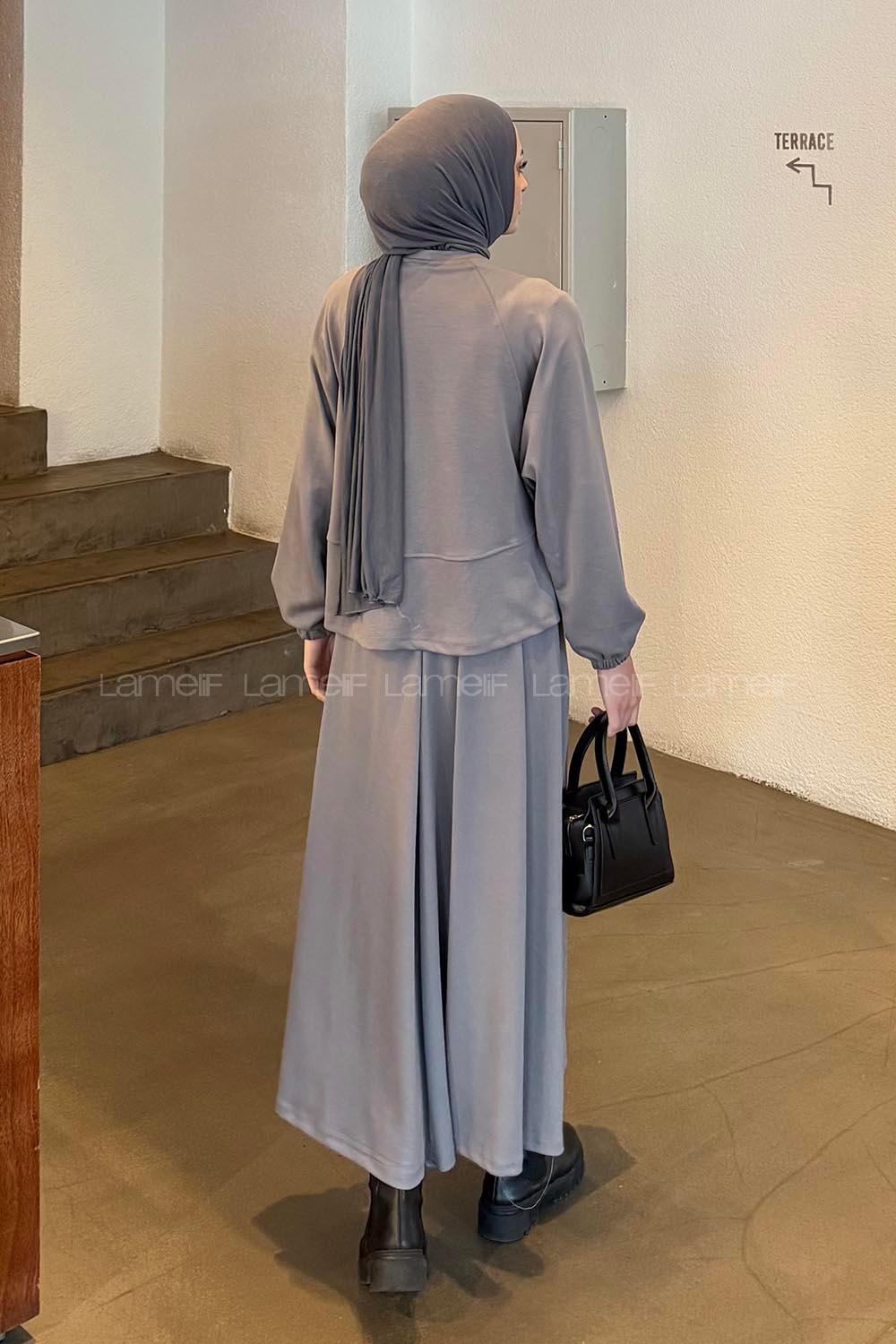 Lamelif Kol Manşet Lastikli Etekli Takım Gri