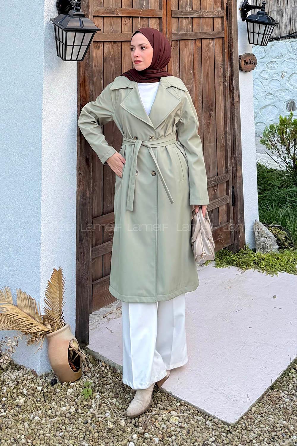 Lamelif Kolu Katlamalı Trenç Çağla Yeşili