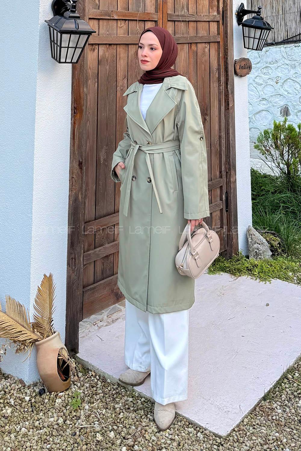 Lamelif Kolu Katlamalı Trenç Çağla Yeşili