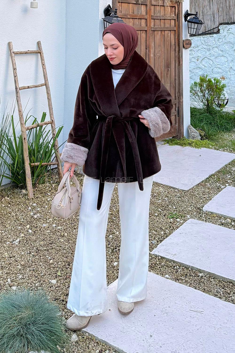 Lamelif Kürklü Kaşe Mont Koyu Kahverengi