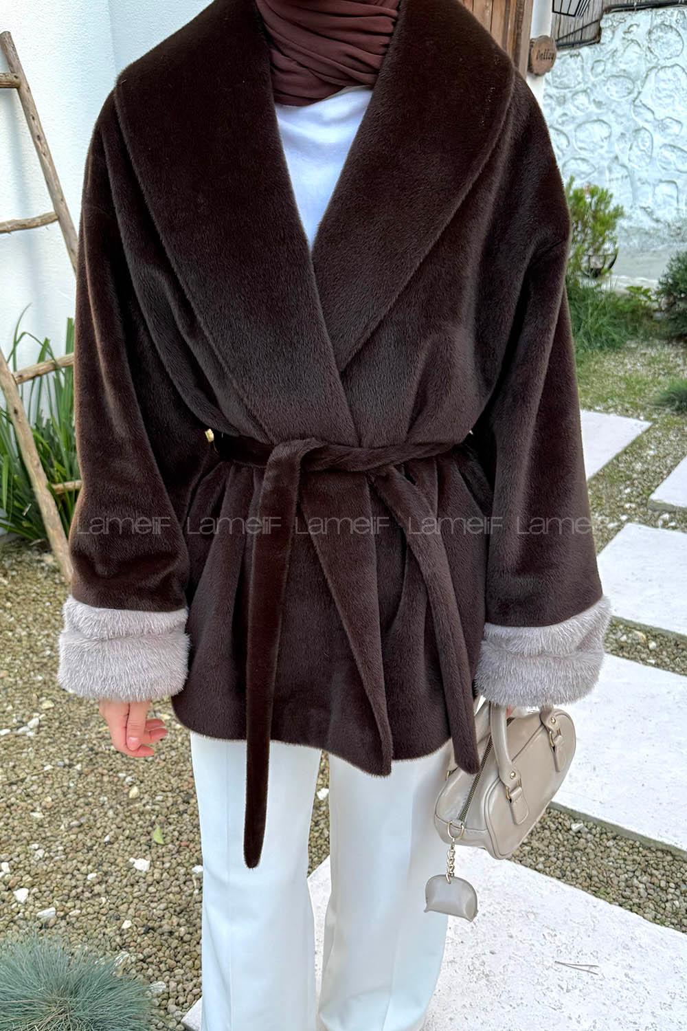 Lamelif Kürklü Kaşe Mont Koyu Kahverengi