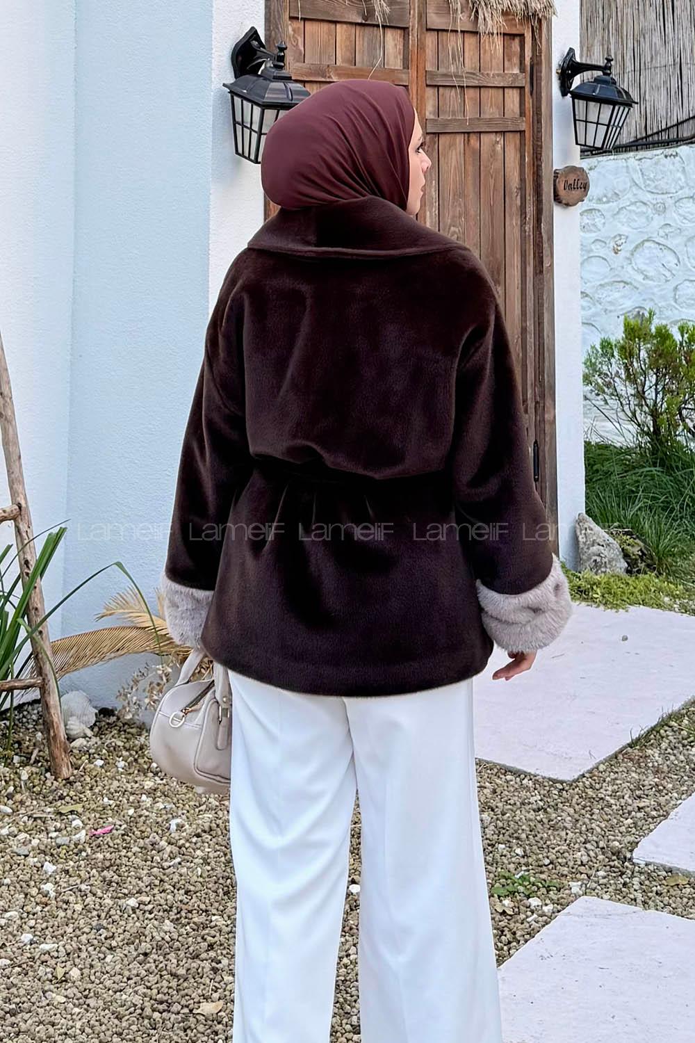 Lamelif Kürklü Kaşe Mont Koyu Kahverengi