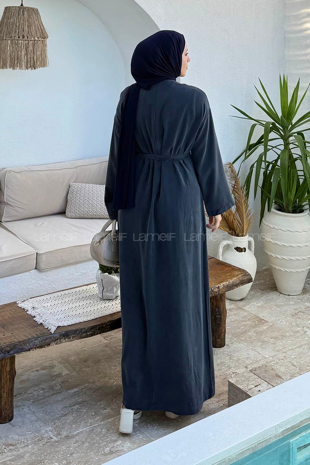 Lamelif Kuşaklı Dokuma Elbise Antrasit