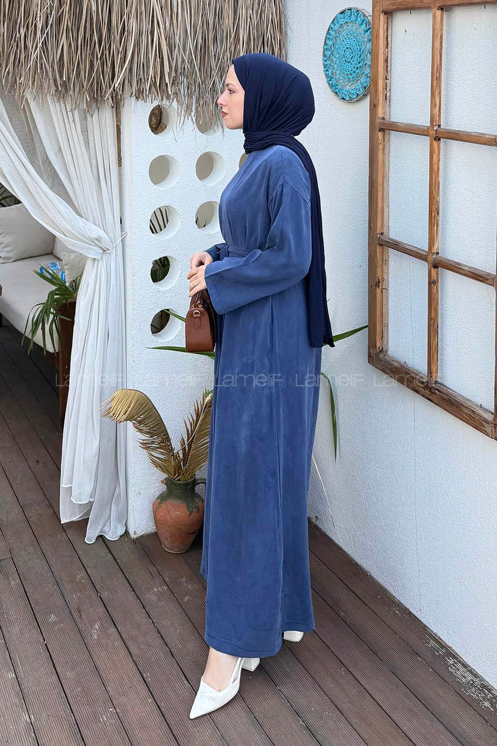 Lamelif Kuşaklı Dokuma Elbise Lacivert