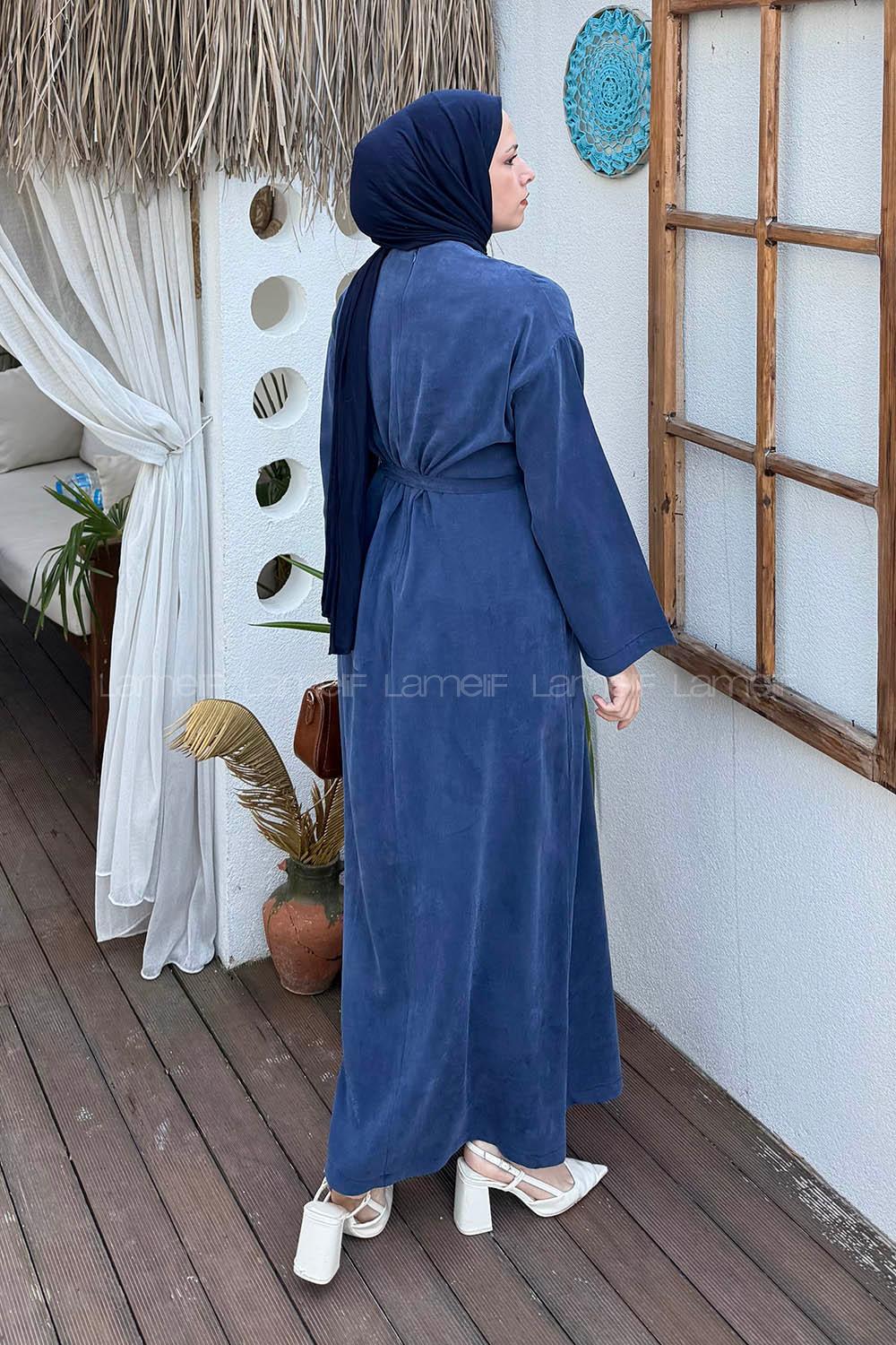 Lamelif Kuşaklı Dokuma Elbise Lacivert