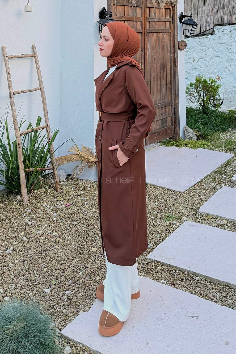 Lamelif Kuşaklı Omuz Apoletli Trençkot Acı Kahve