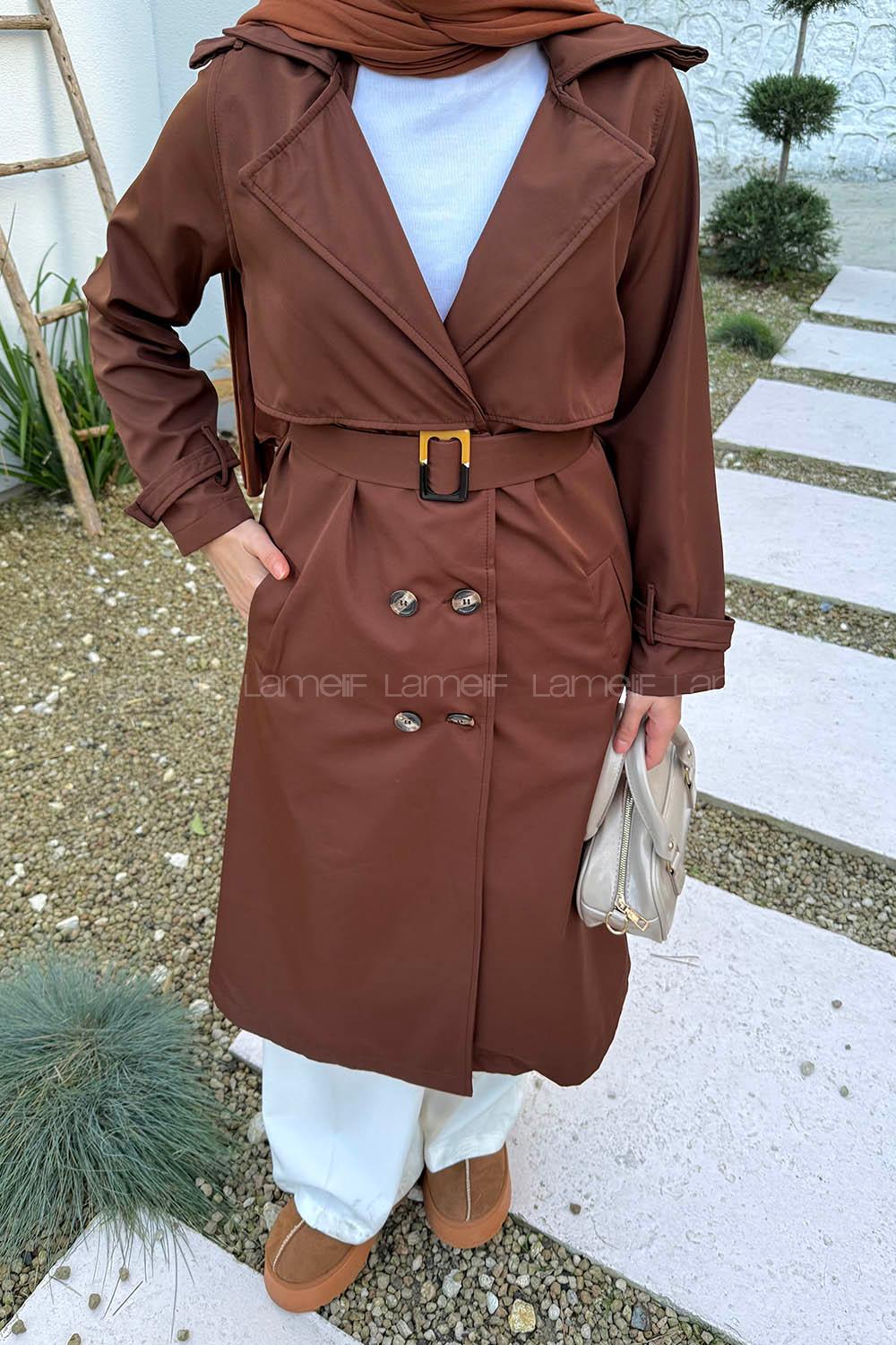 Lamelif Kuşaklı Omuz Apoletli Trençkot Acı Kahve