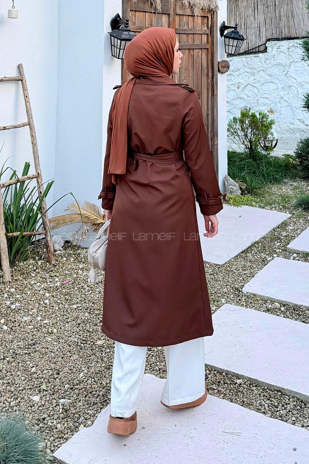 Lamelif Kuşaklı Omuz Apoletli Trençkot Acı Kahve