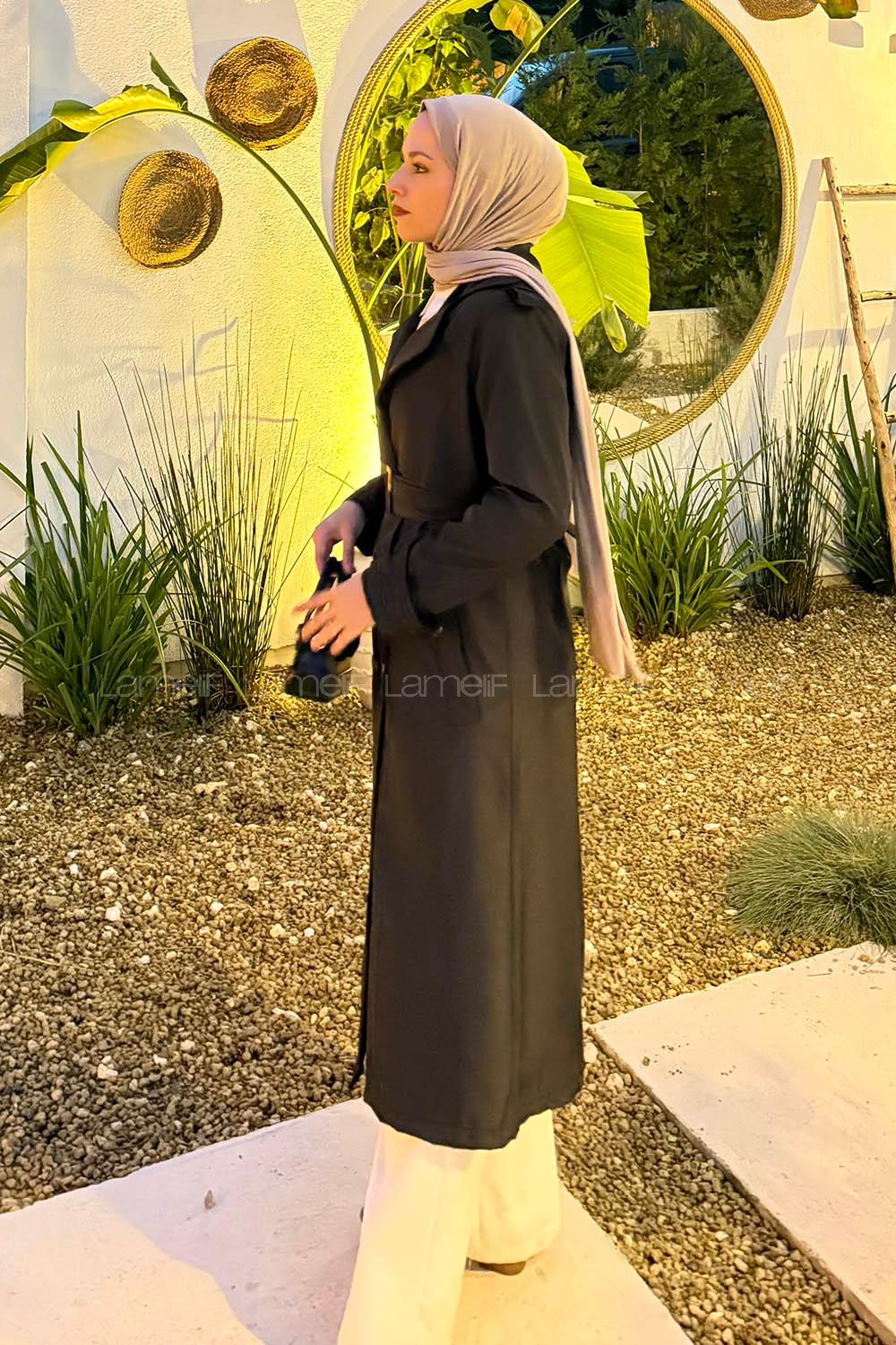 Lamelif Kuşaklı Omuz Apoletli Trençkot Siyah