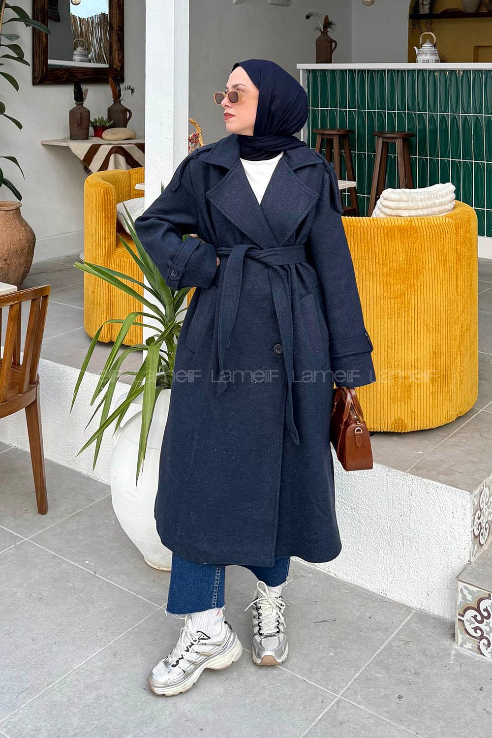 Navy Blue Jacket Collar Long Arm Cotton Polyester Coat