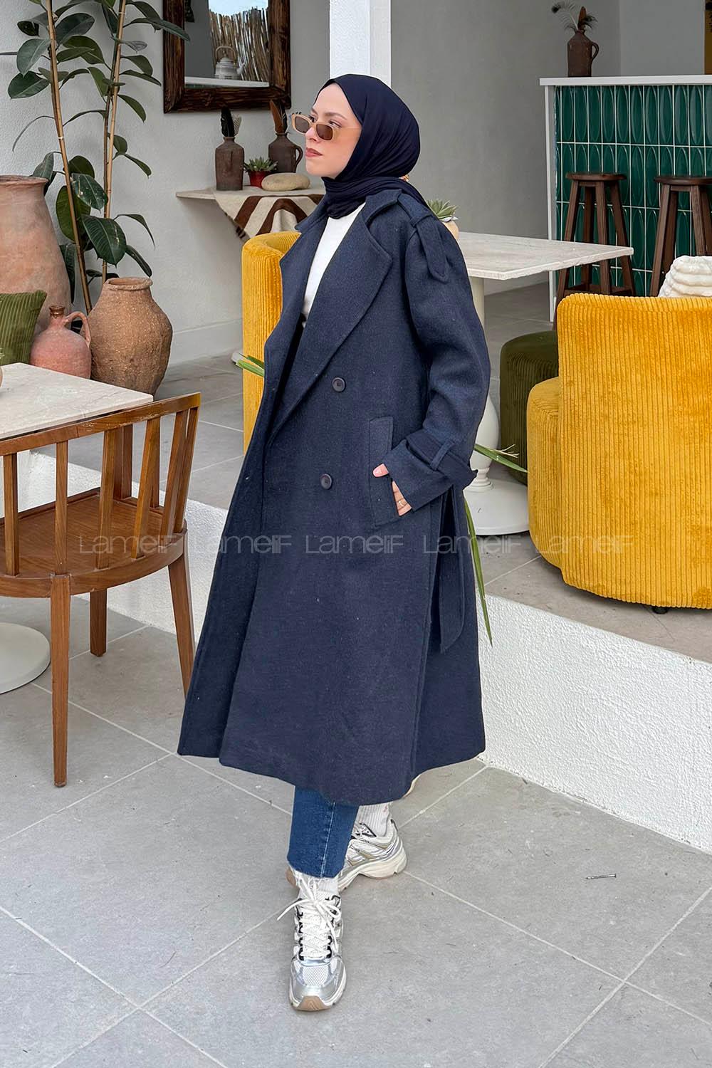 Navy Blue Jacket Collar Long Arm Cotton Polyester Coat