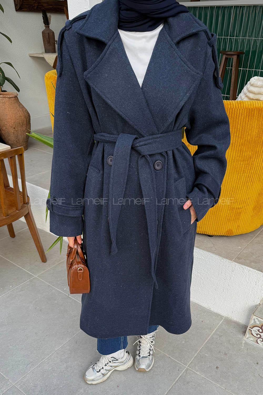 Navy Blue Jacket Collar Long Arm Cotton Polyester Coat