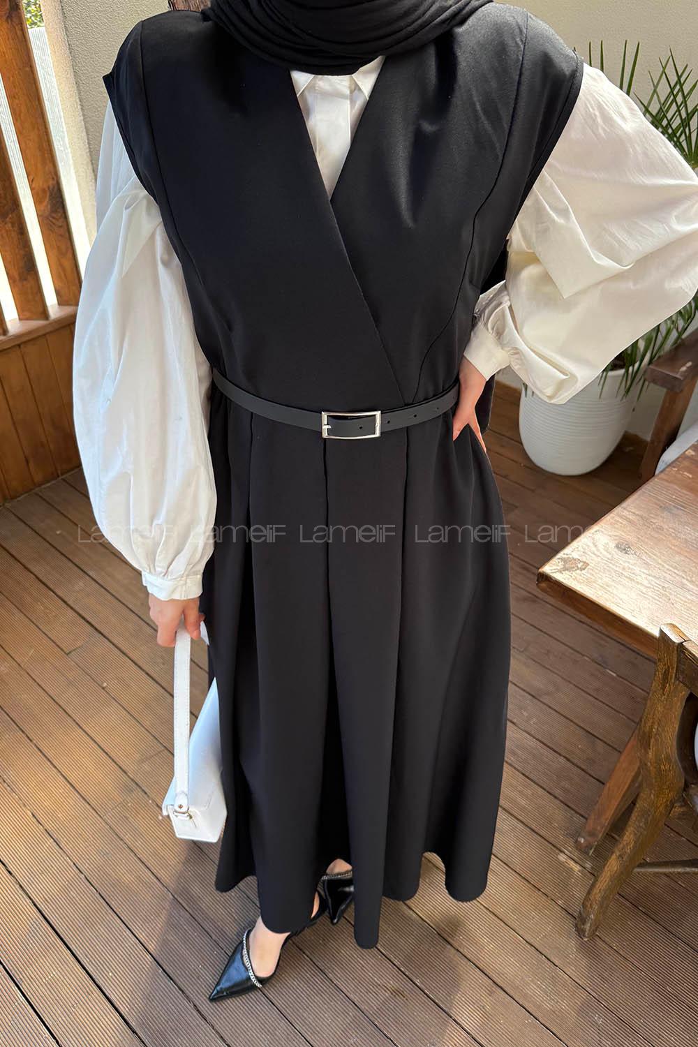 Lamelif Pile Detaylı Kemerli Jile Siyah