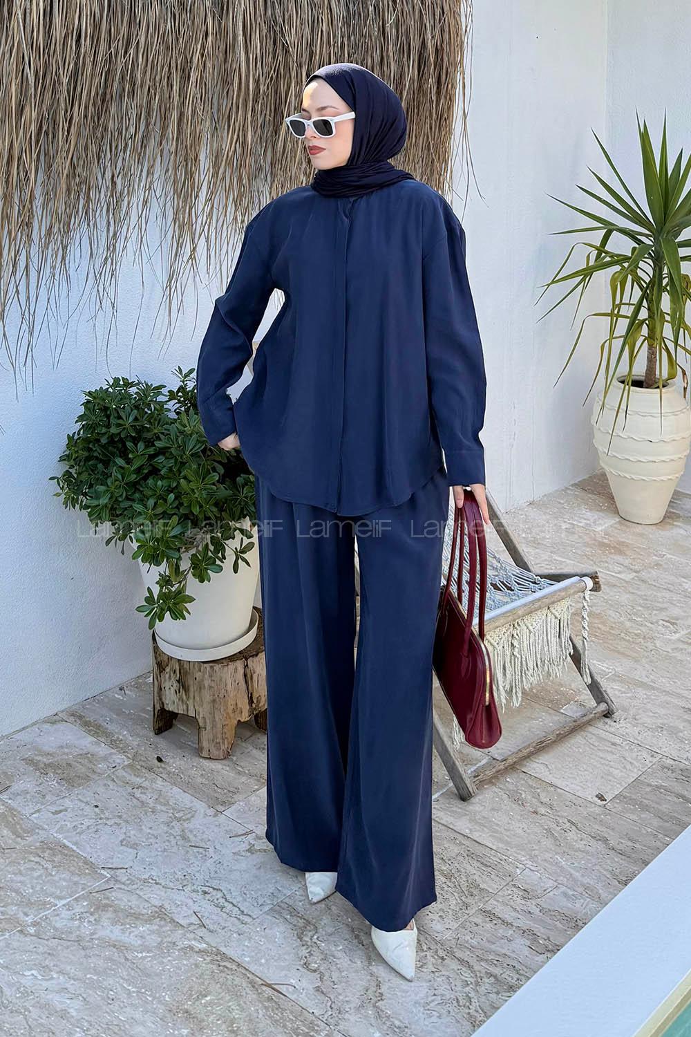 Lamelif Sırt Fermuar Detaylı Pantolonlu Takım Lacivert