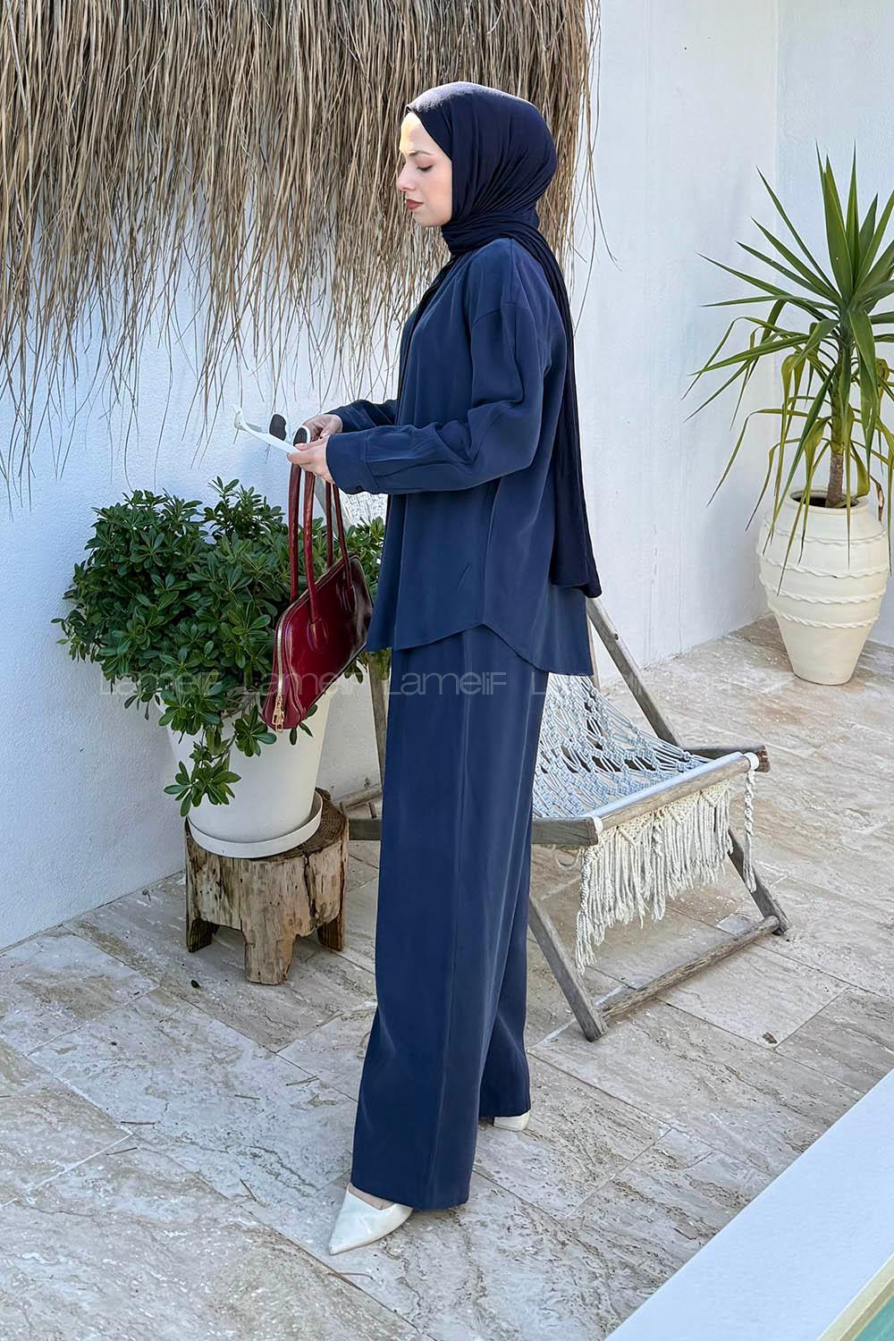 Lamelif Sırt Fermuar Detaylı Pantolonlu Takım Lacivert