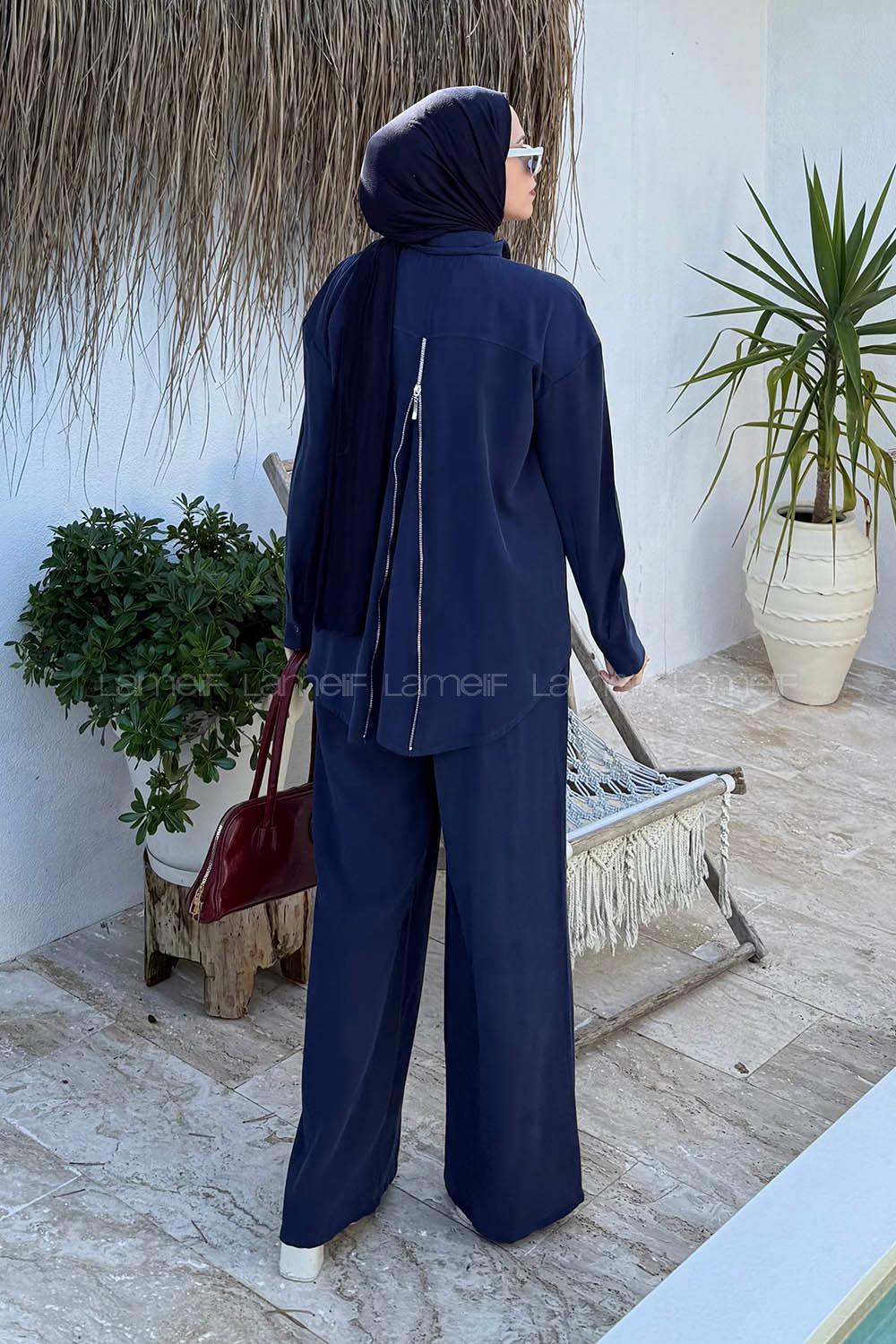 Lamelif Sırt Fermuar Detaylı Pantolonlu Takım Lacivert