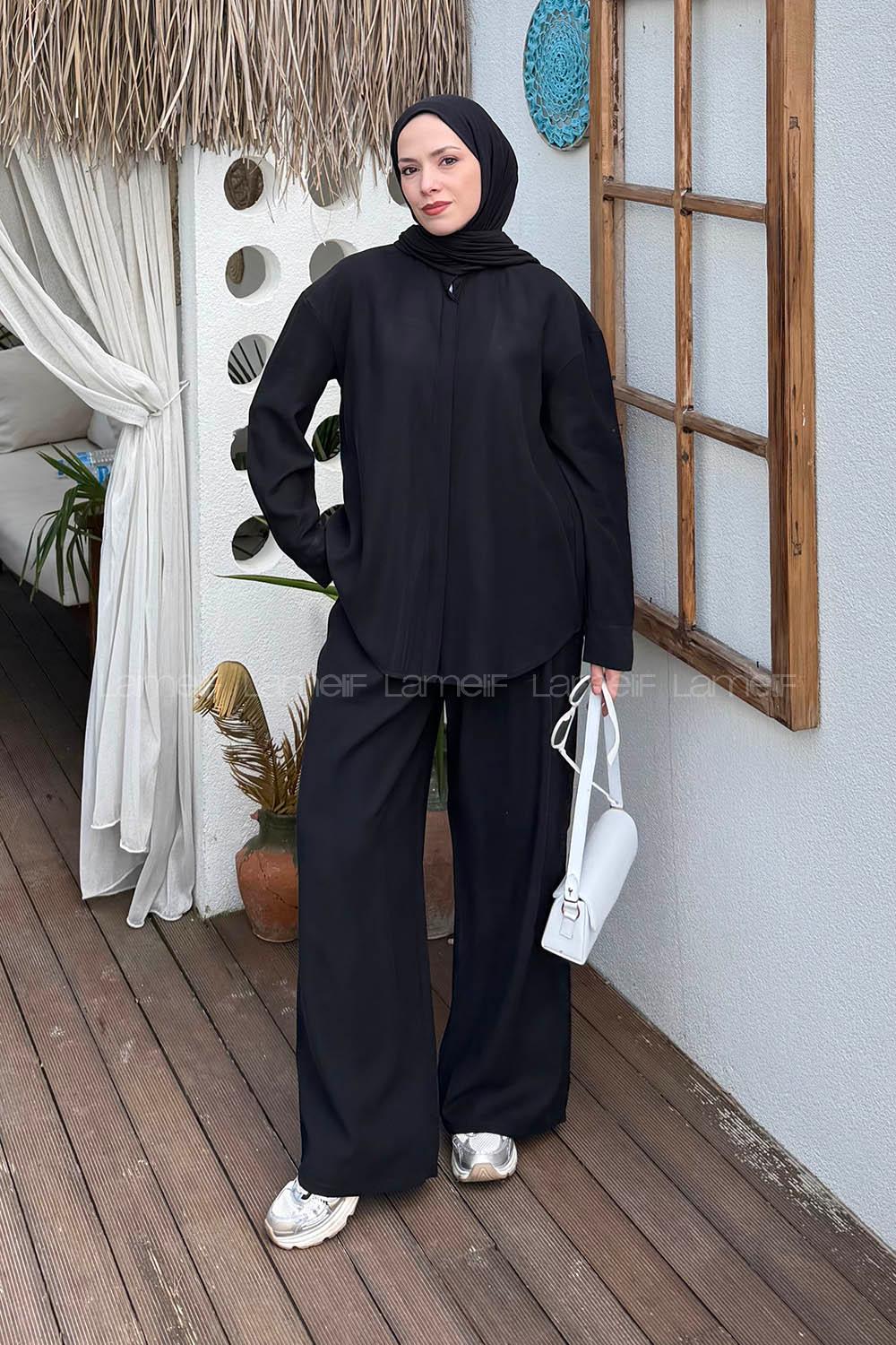 Black Shirt Collar Long Arm Cotton Lycra Regular Trousers Comfortable Suit