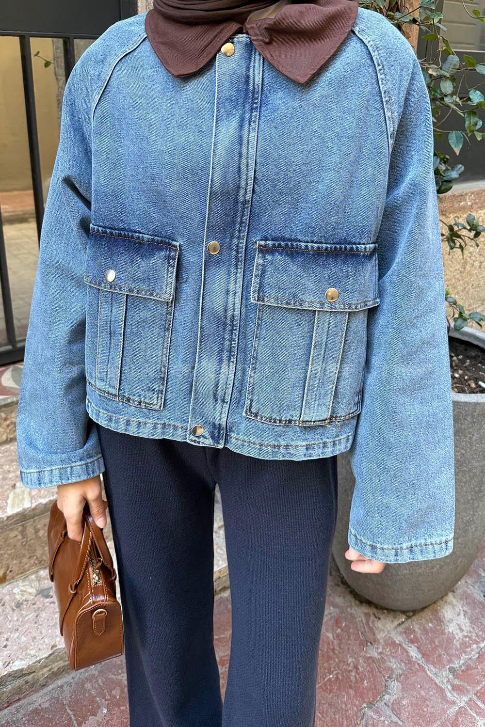 Lamelif Çıtçıtlı Acı Kahve Gömlek Yaka Detaylı Denim Ceket Kot Mavisi