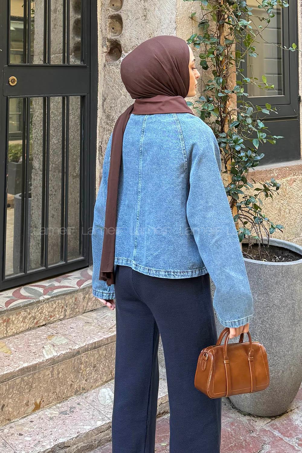 Lamelif Çıtçıtlı Acı Kahve Gömlek Yaka Detaylı Denim Ceket Kot Mavisi