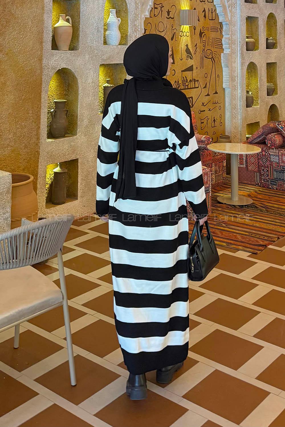 Lamelif Çizgi Detaylı Bağlamalı Elbise Siyah