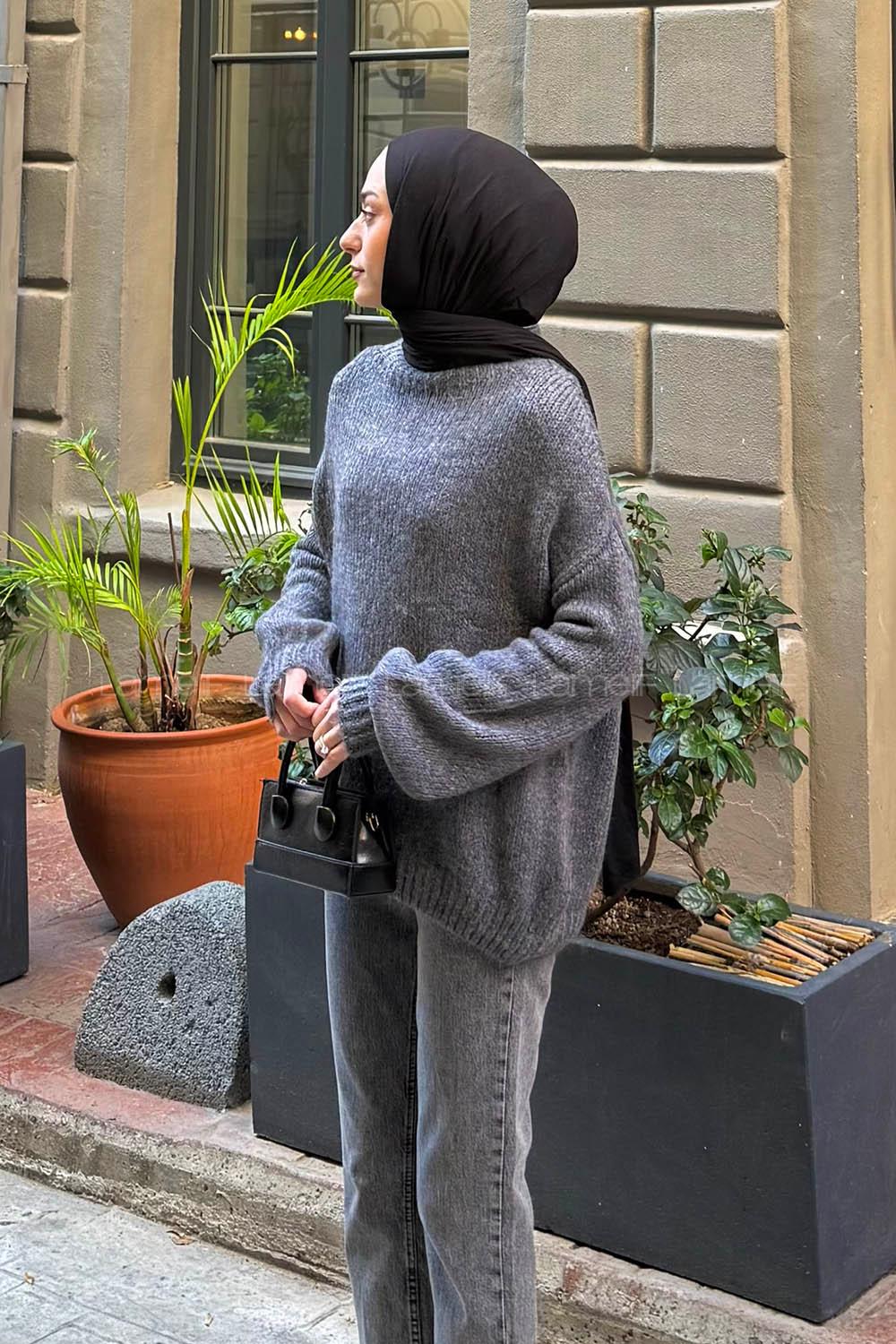 Lamelif Dik Yaka Balon Kazak Antrasit