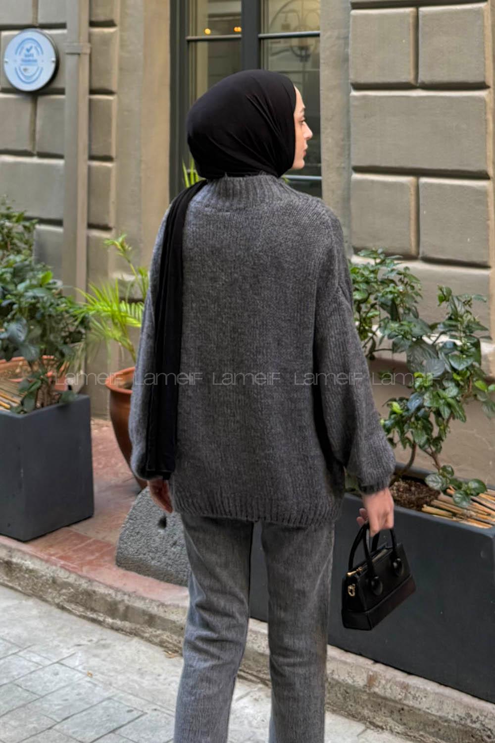 Lamelif Dik Yaka Balon Kazak Antrasit