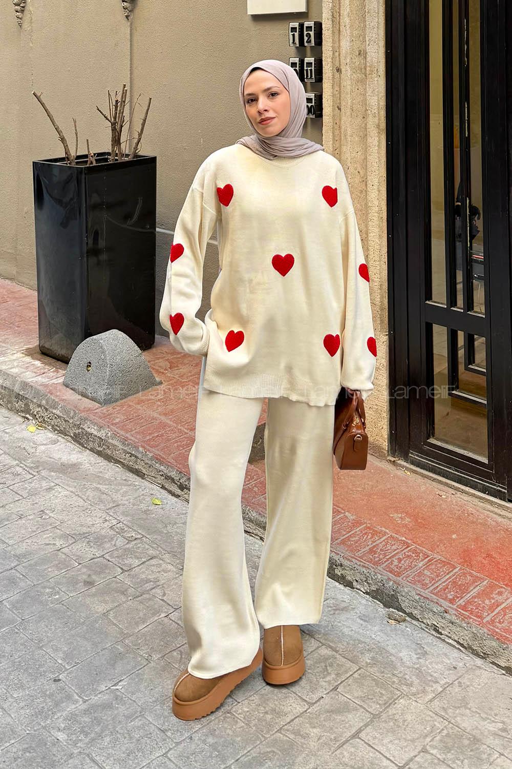 Lamelif Kalpli Pantolonlu Triko Takım Bej