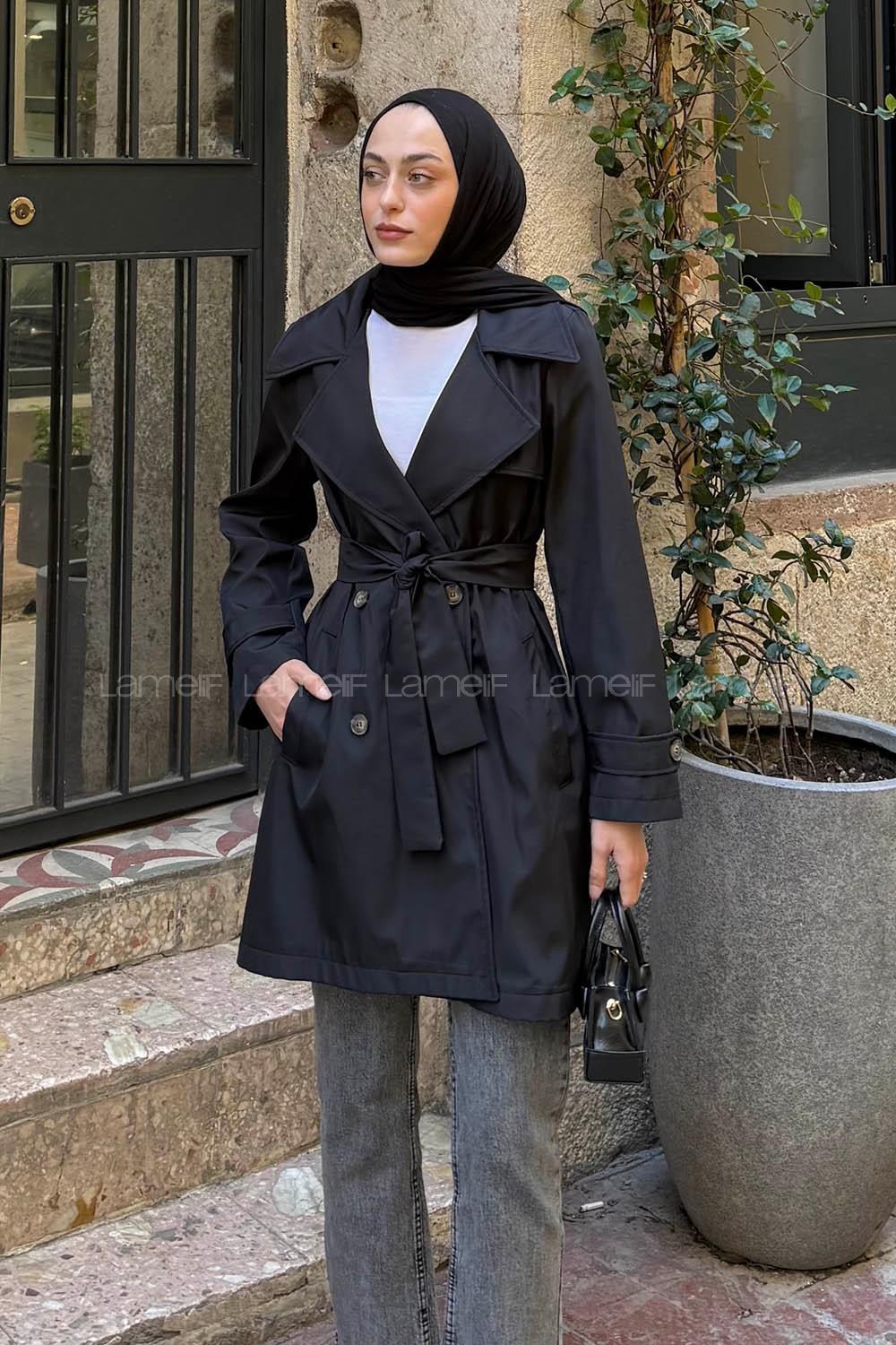 Lamelif Kol Kemerli Kısa Trençkot Siyah