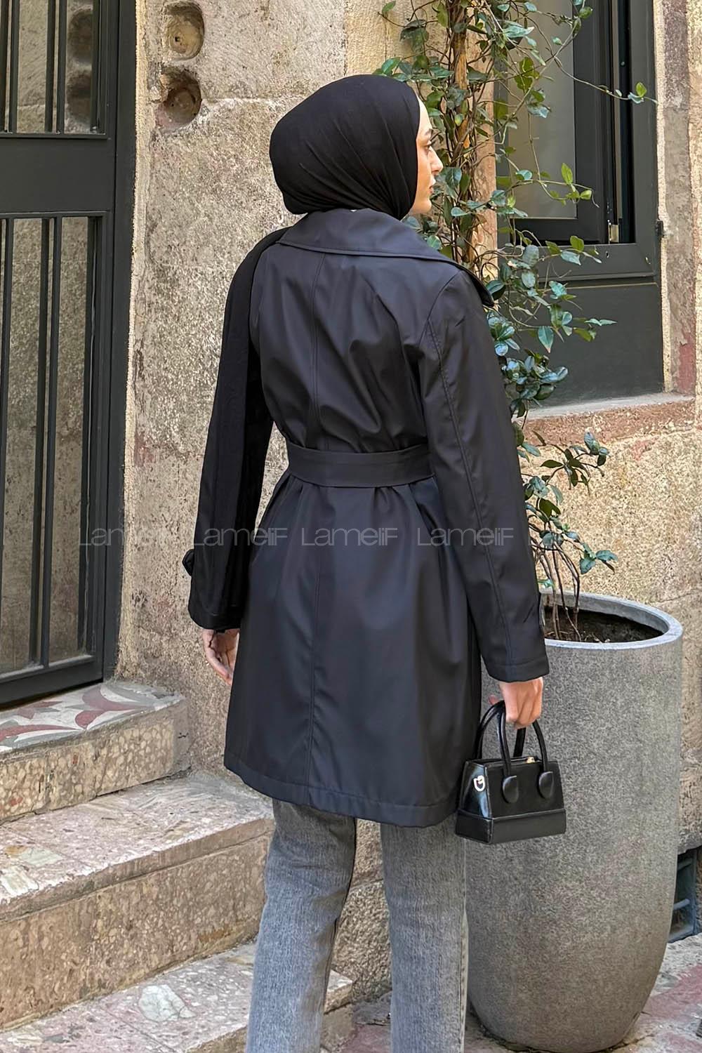 Lamelif Kol Kemerli Kısa Trençkot Siyah