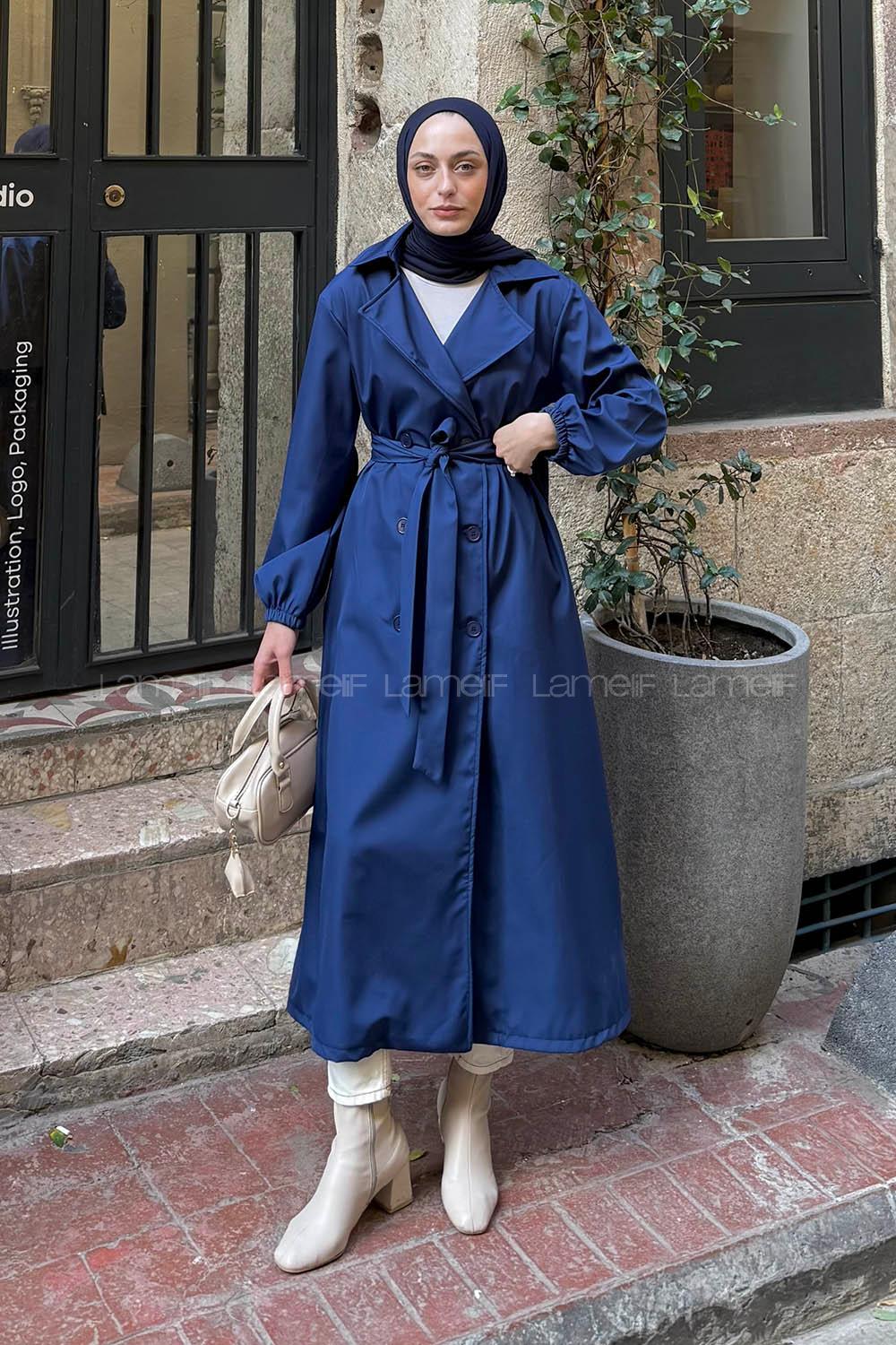 Lamelif Kol Lastikli Düğmeli Trençkot Lacivert