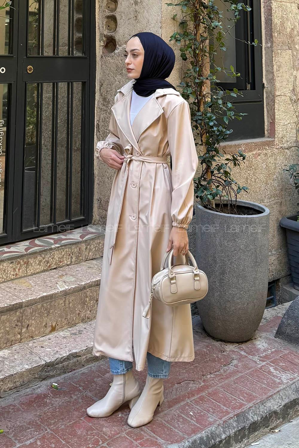 Lamelif Kol Lastikli Düğmeli Trençkot Taş Rengi