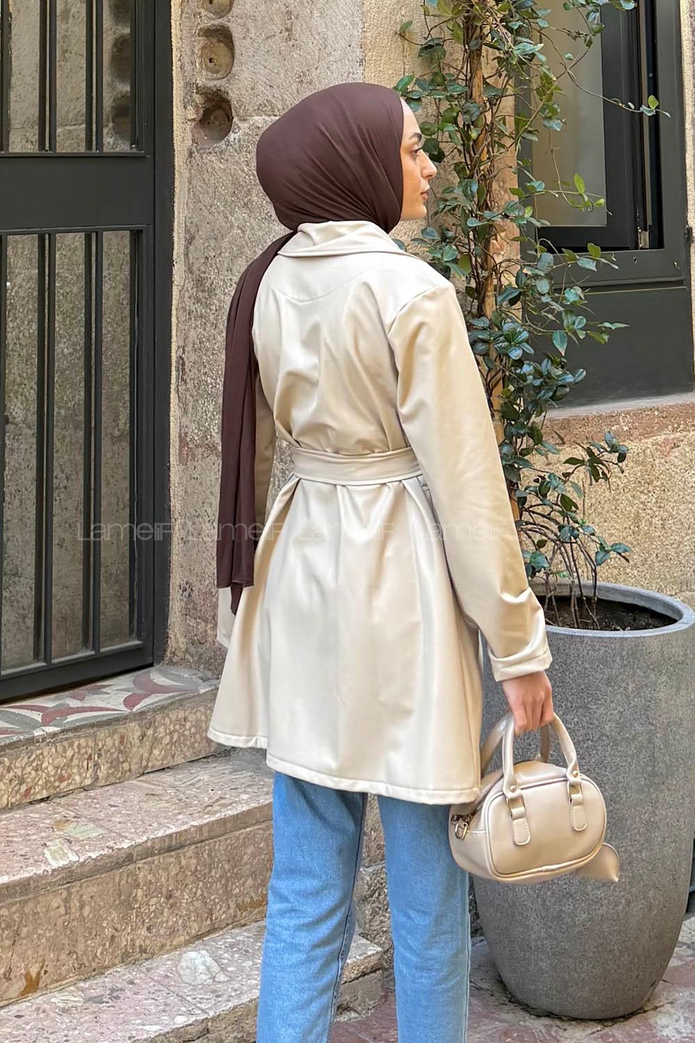 Stone Long Arm Belted Belted Skin Trench Coat
