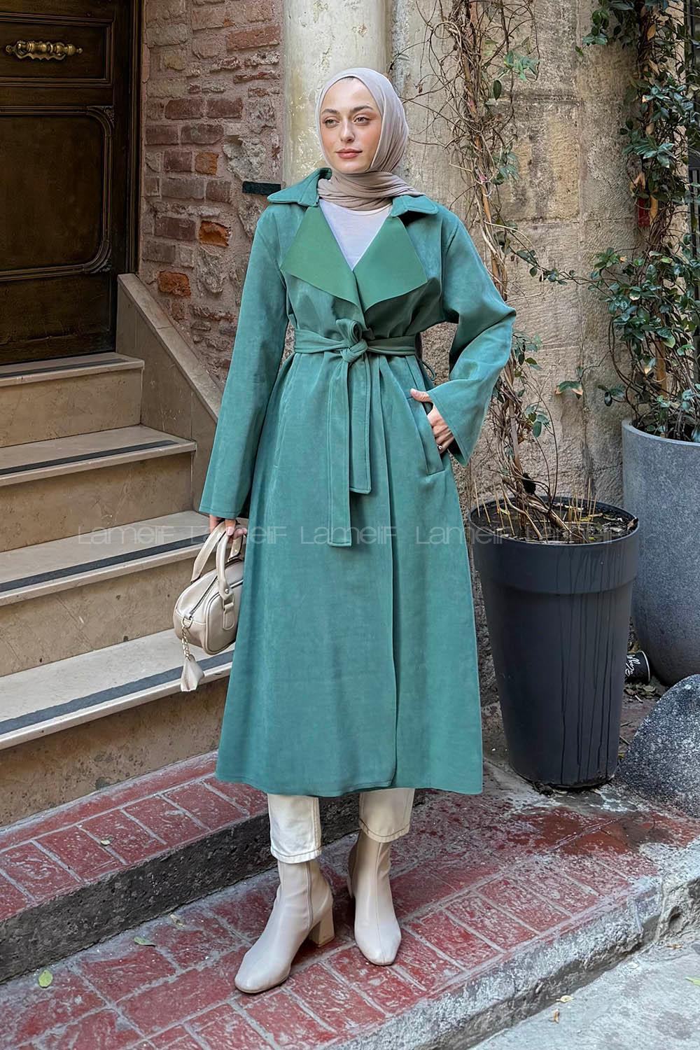 Lamelif Serbest Yaka Kaban Zümrüt Yeşili