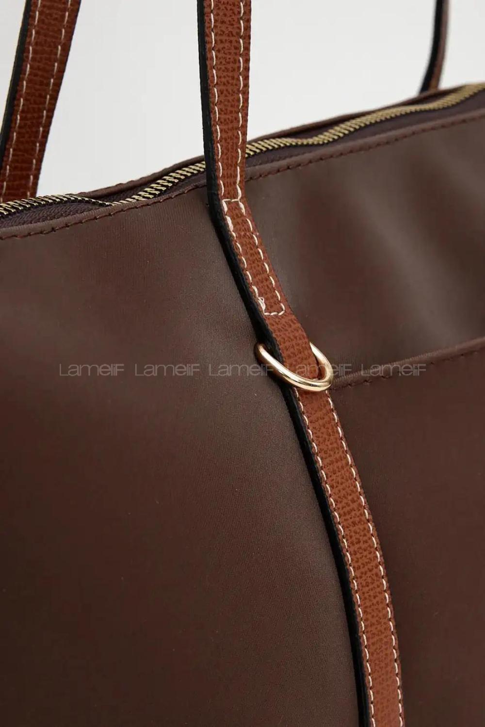 Lamelif Şeritli Shopper Kadın Omuz Çantası Acı Kahve