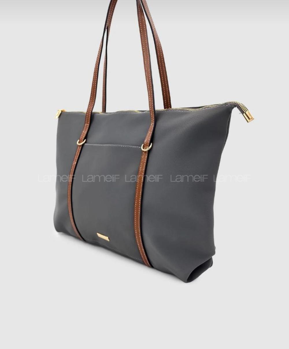 Lamelif Şeritli Shopper Kadın Omuz Çantası Gri