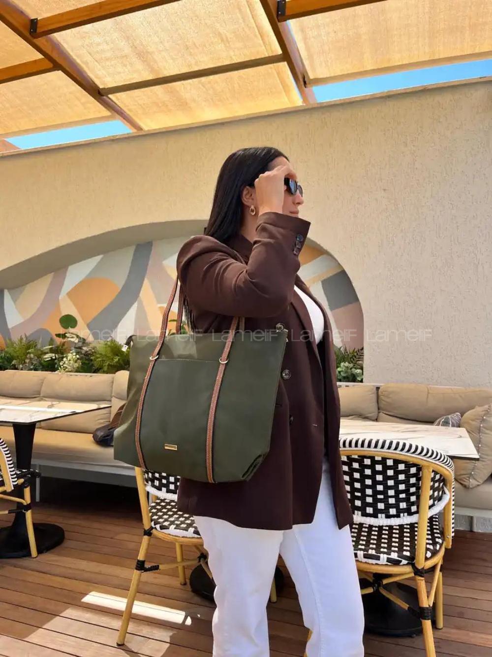 Lamelif Şeritli Shopper Kadın Omuz Çantası Haki