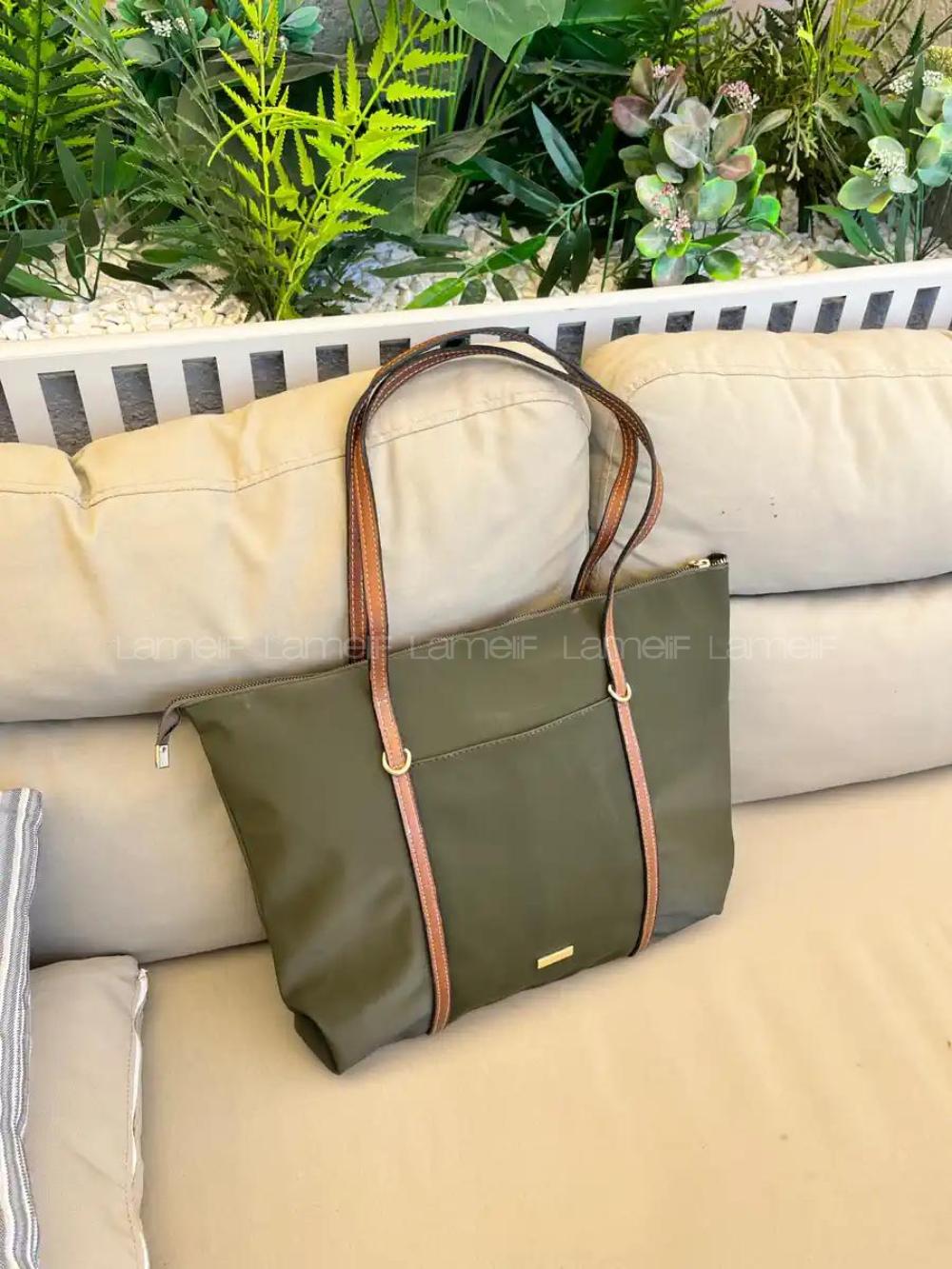 Lamelif Şeritli Shopper Kadın Omuz Çantası Haki