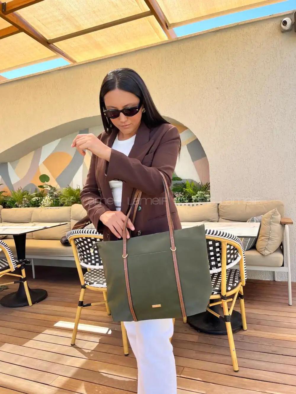 Lamelif Şeritli Shopper Kadın Omuz Çantası Haki