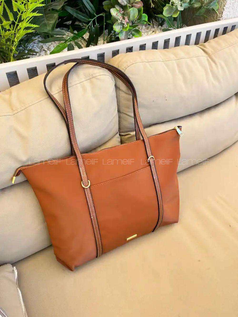 Lamelif Şeritli Shopper Kadın Omuz Çantası Taba