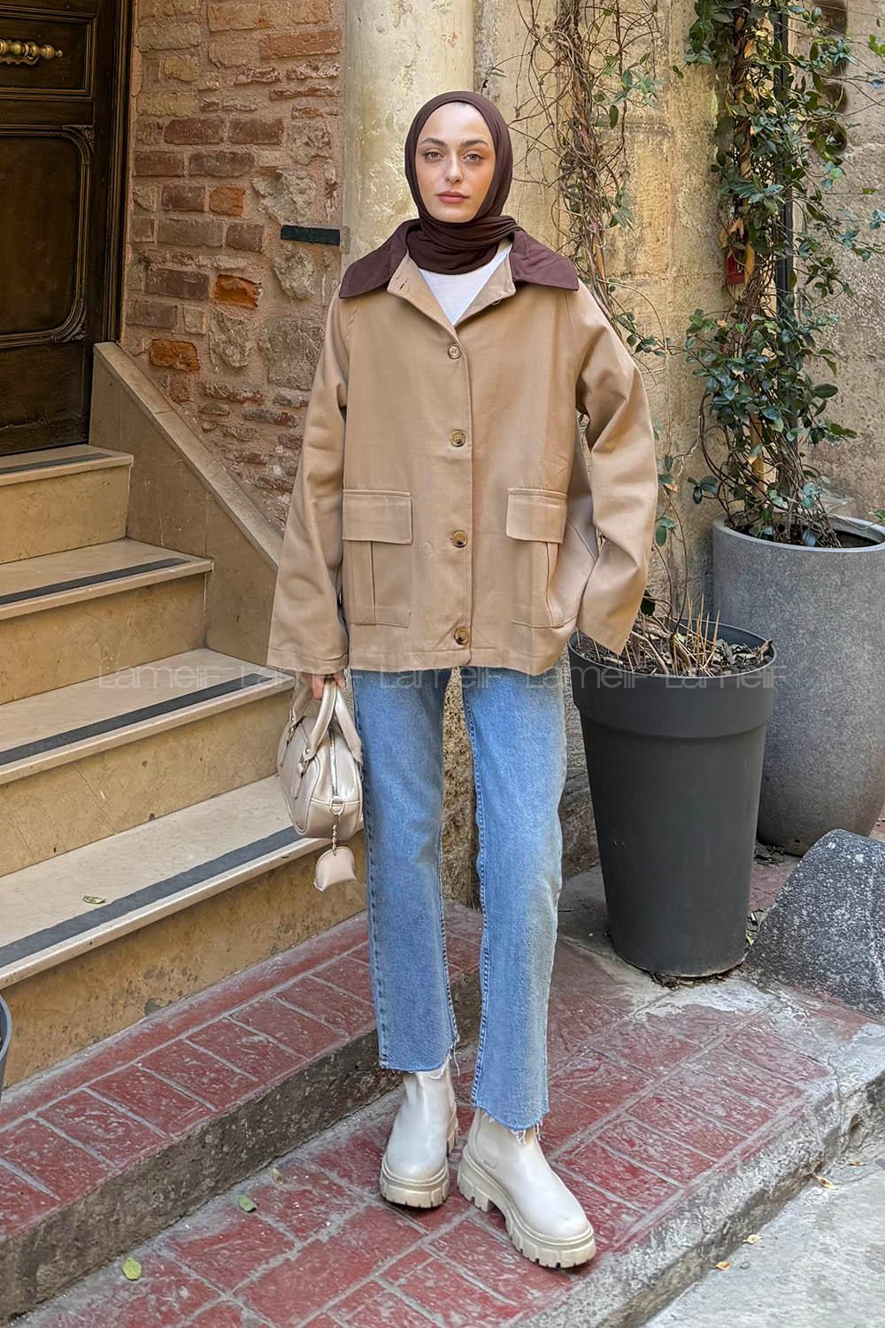 Lamelif Yaka Detaylı Parka Camel