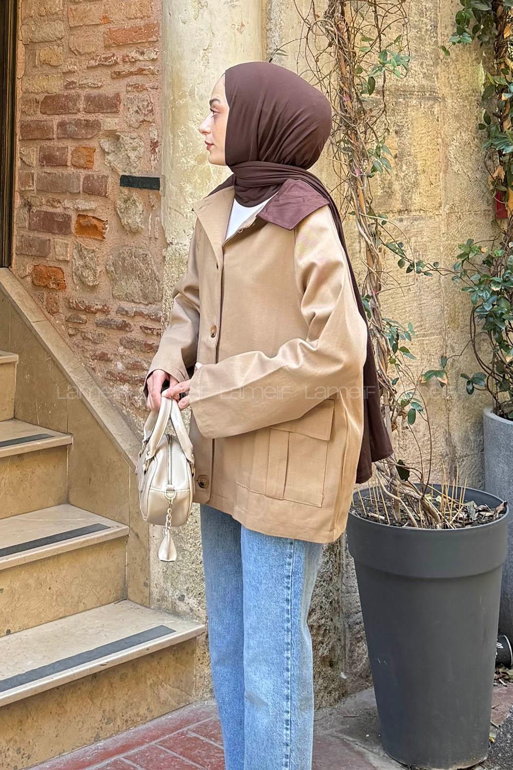 Lamelif Yaka Detaylı Parka Camel