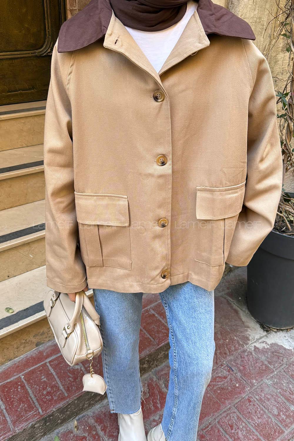 Lamelif Yaka Detaylı Parka Camel
