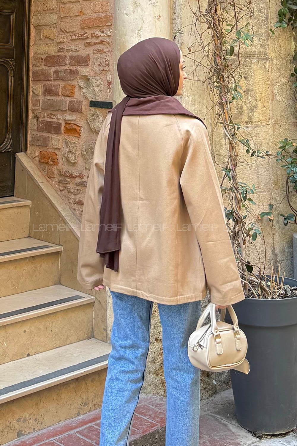 Lamelif Yaka Detaylı Parka Camel