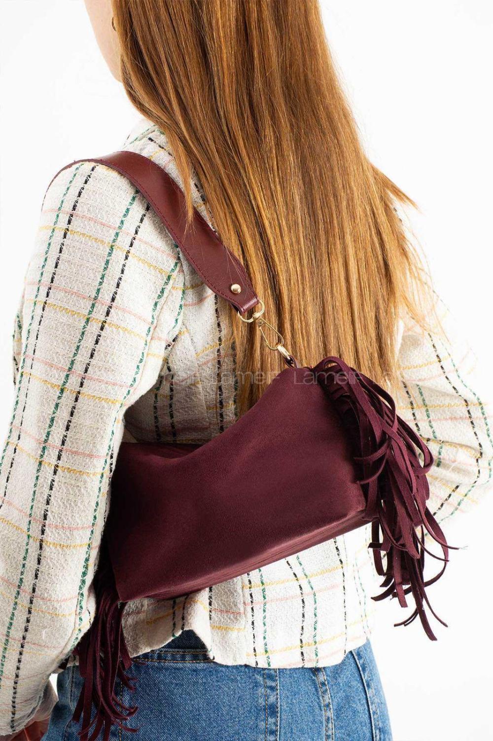 Lamelif Süet Püsküllü Kadın Omuz Çantası Bordo