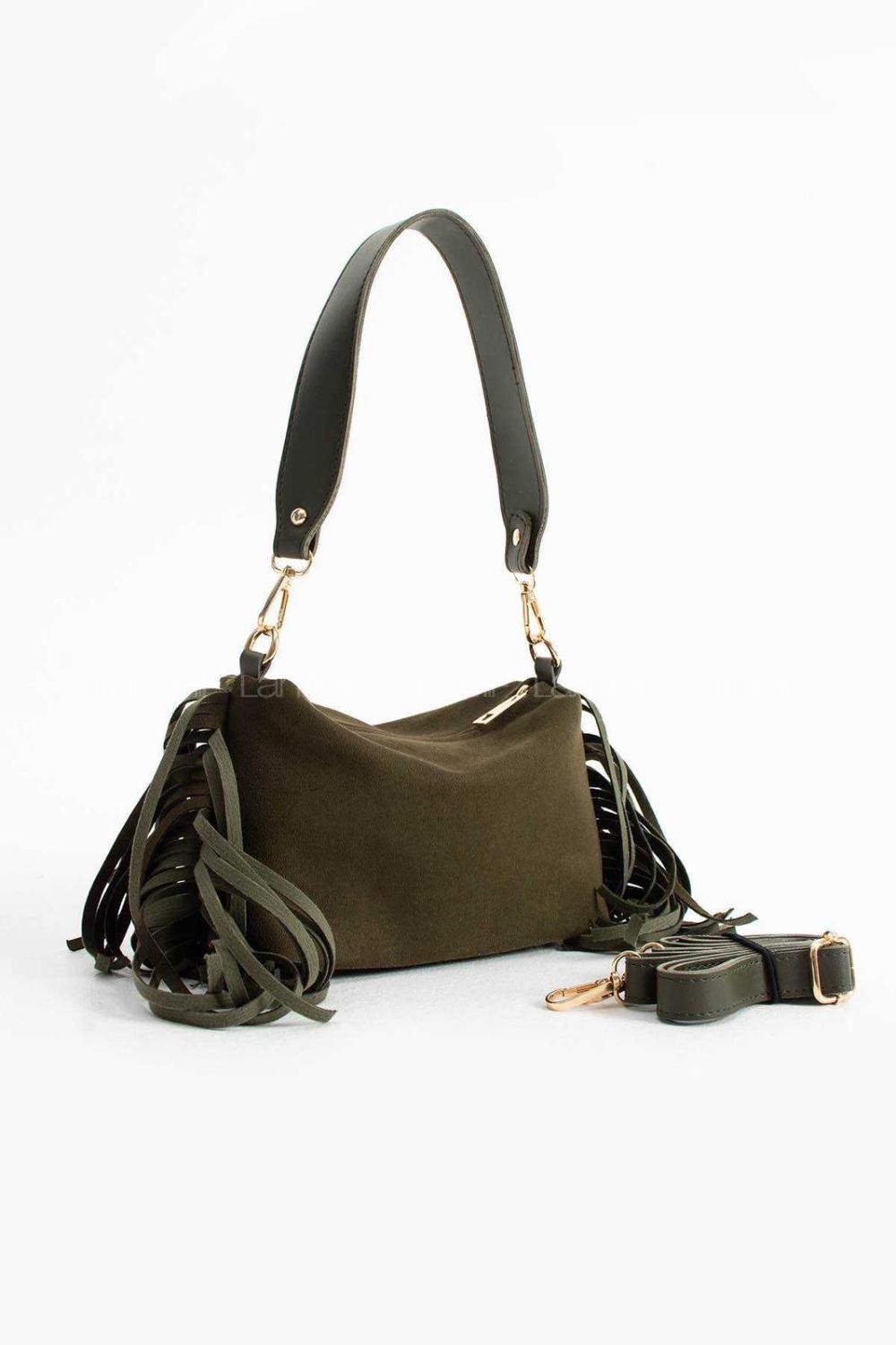 Lamelif Süet Püsküllü Kadın Omuz Çantası Haki