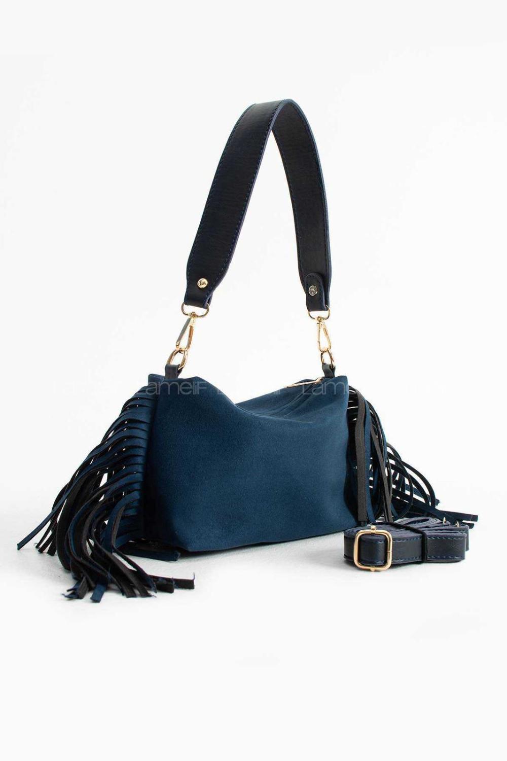 Lamelif Süet Püsküllü Kadın Omuz Çantası Lacivert