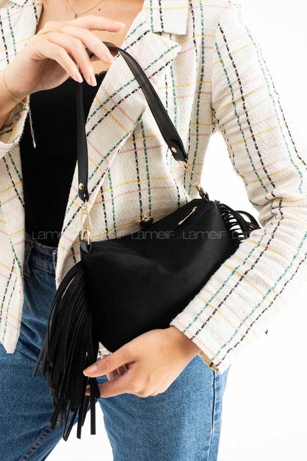 Lamelif Süet Püsküllü Kadın Omuz Çantası Siyah