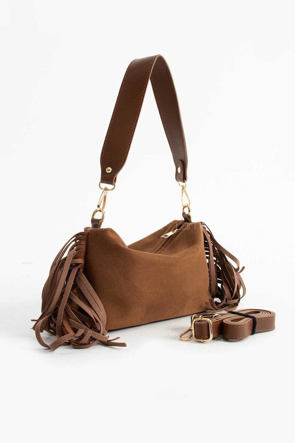 Lamelif Süet Püsküllü Kadın Omuz Çantası Taba