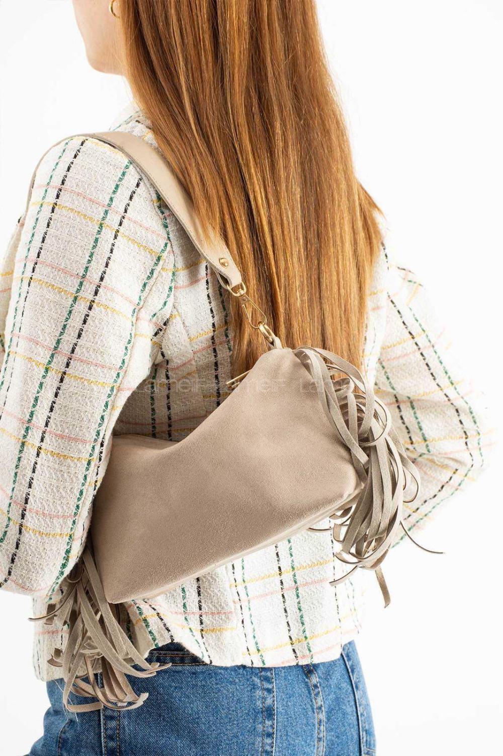 Lamelif Süet Püsküllü Kadın Omuz Çantası Vizonrengi